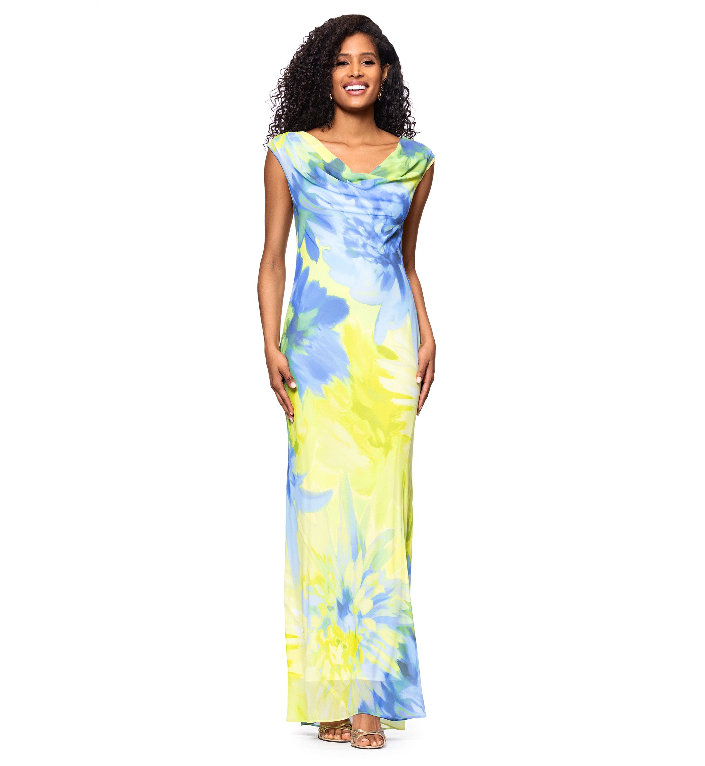 Womens Cowl Neck Floral Printed Slim Gown