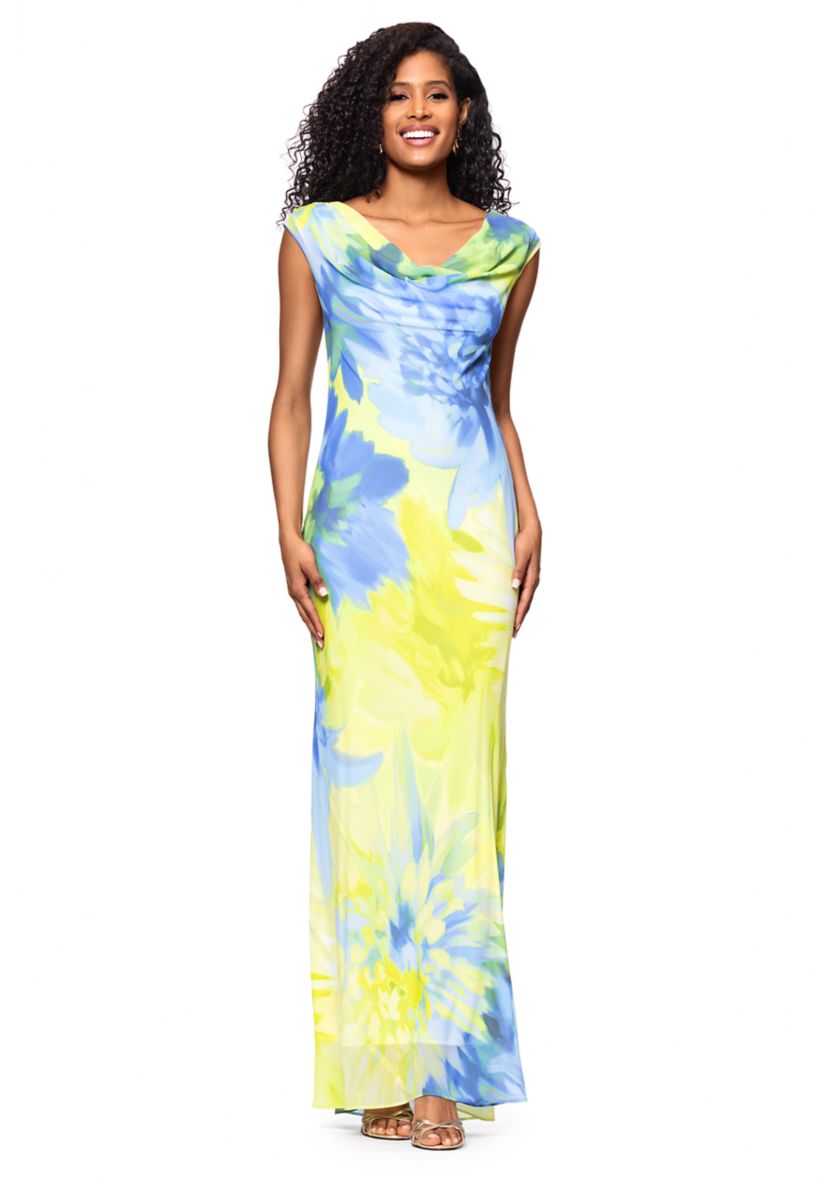 Womens Cowl Neck Floral Printed Slim Gown