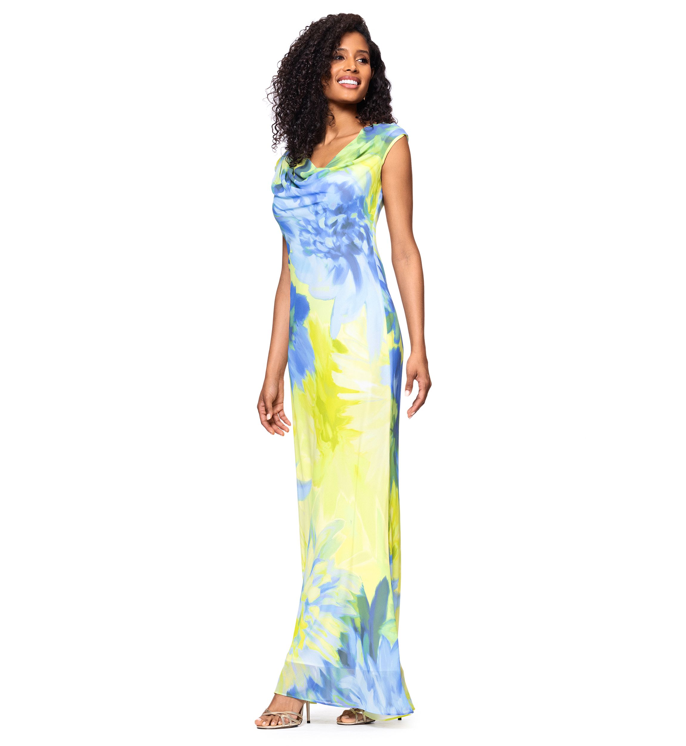 Womens Cowl Neck Floral Printed Slim Gown