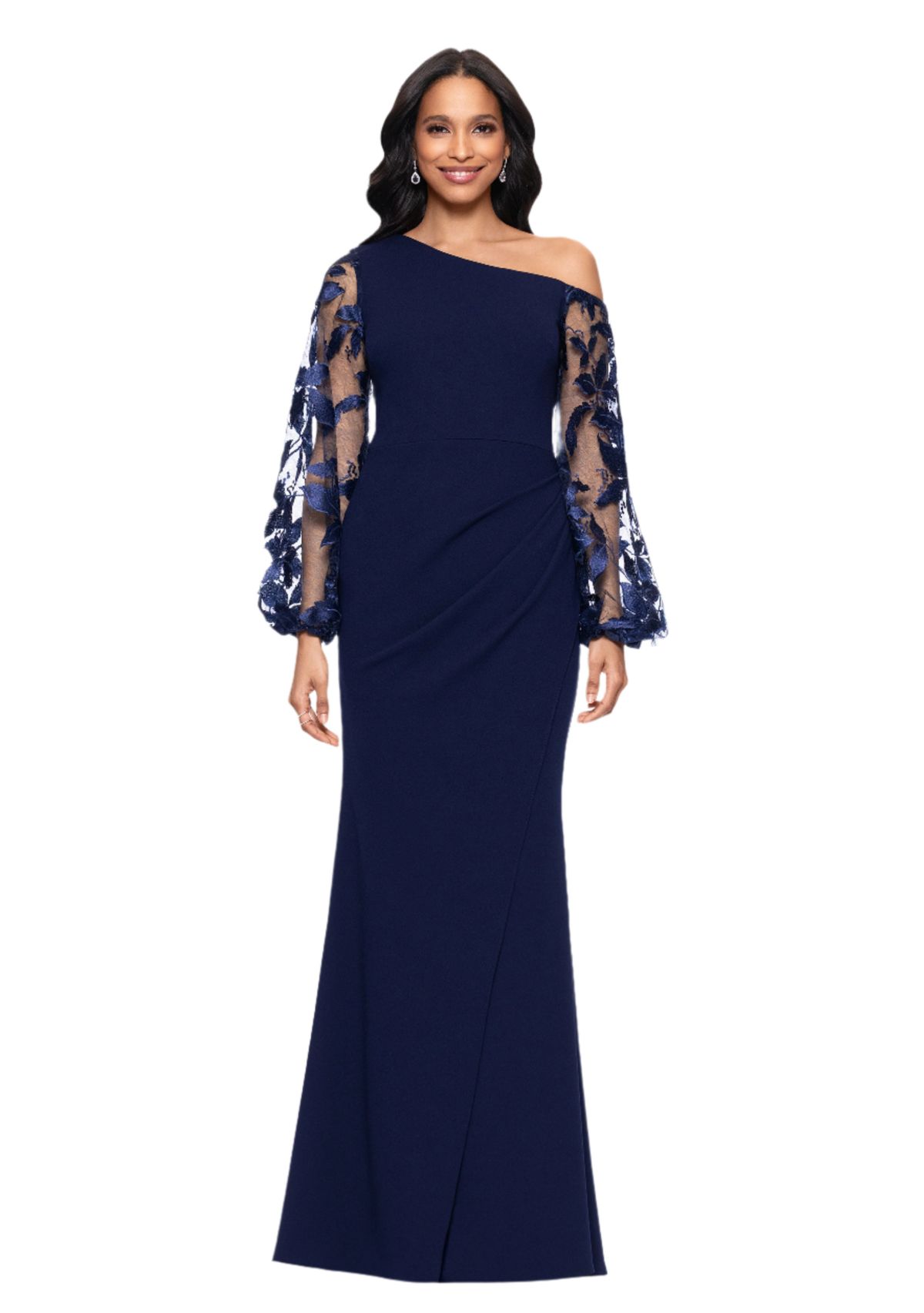 Womens Ruched Lace Sleeve Gown