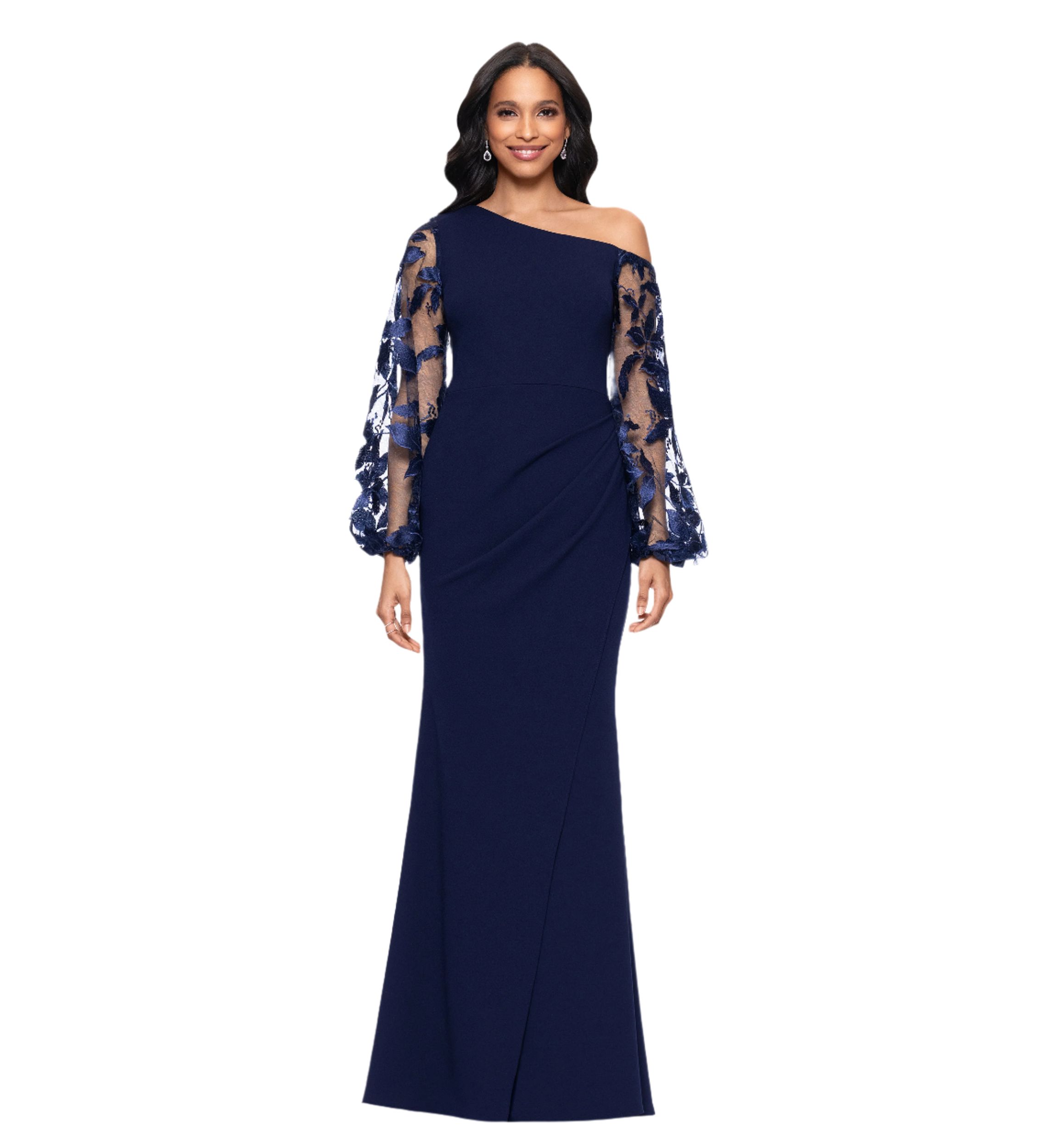 Womens Ruched Lace Sleeve Gown