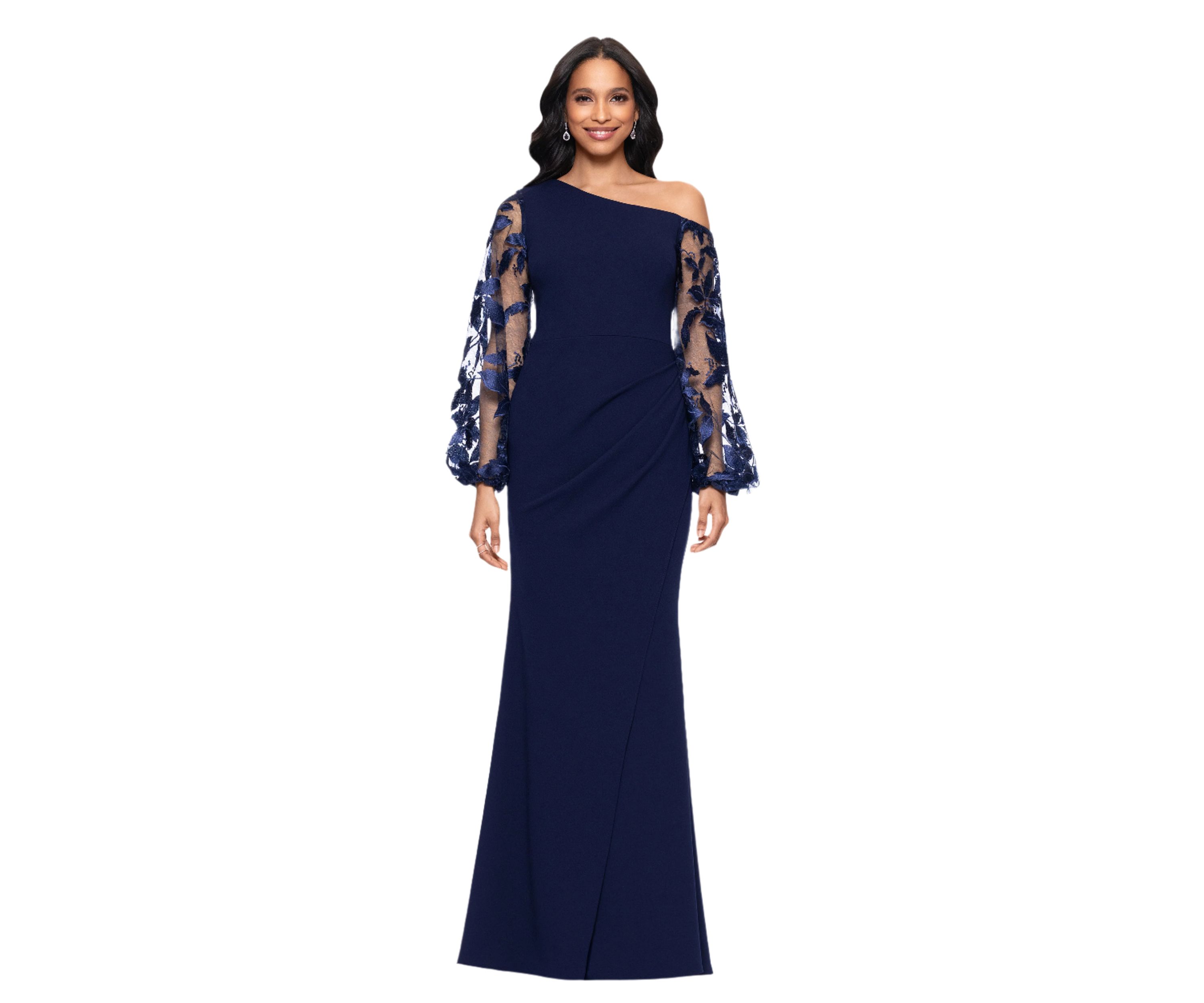 Womens Ruched Lace Sleeve Gown