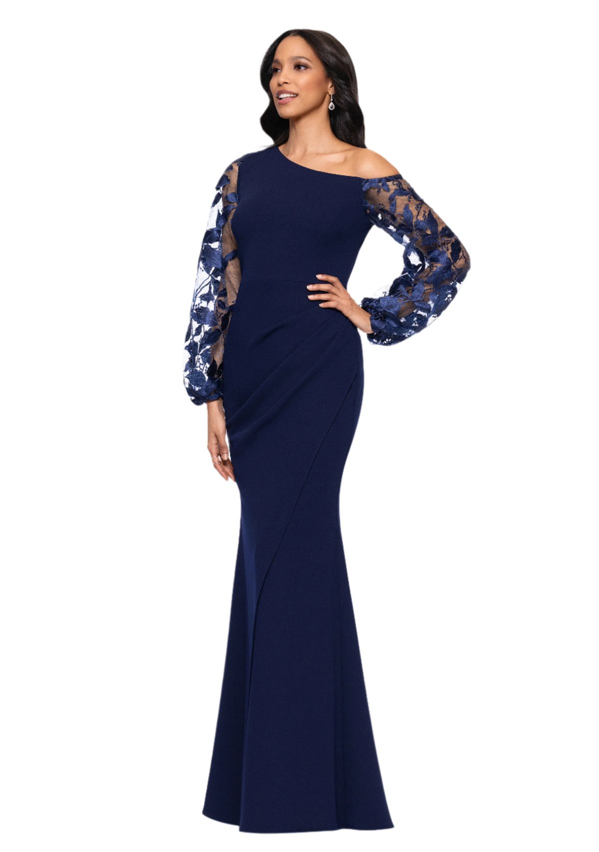 Womens Ruched Lace Sleeve Gown