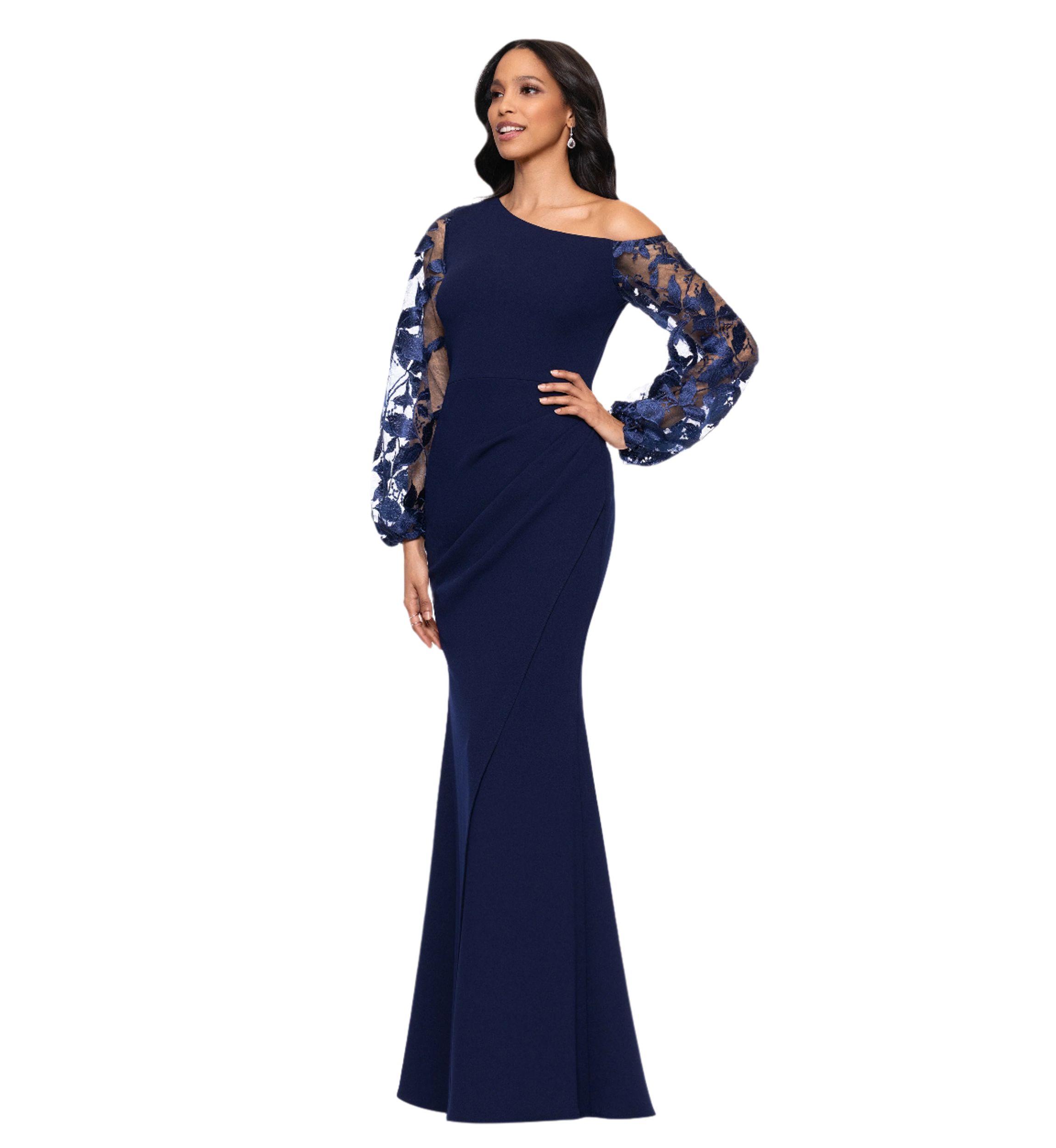 Womens Ruched Lace Sleeve Gown