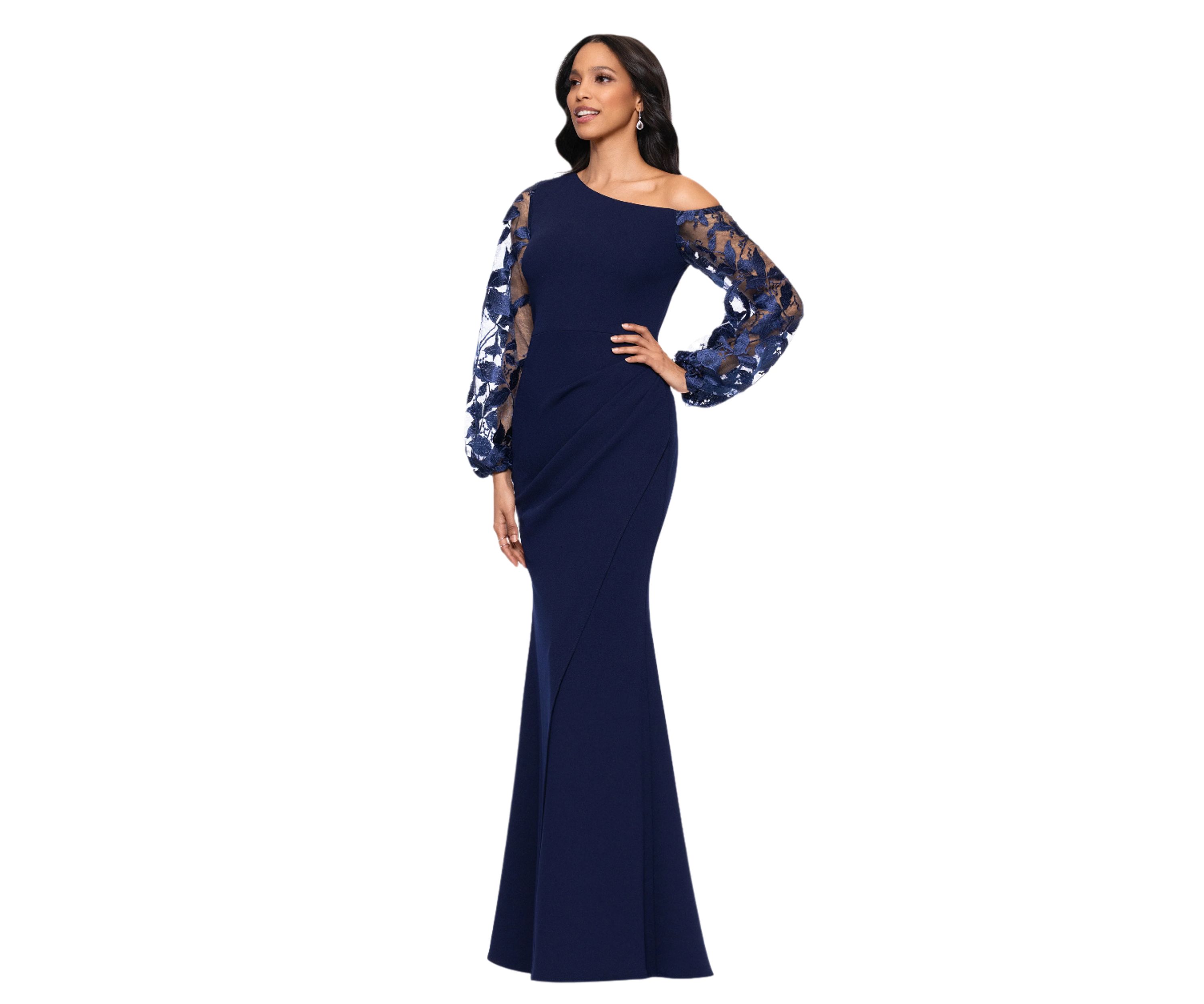 Womens Ruched Lace Sleeve Gown