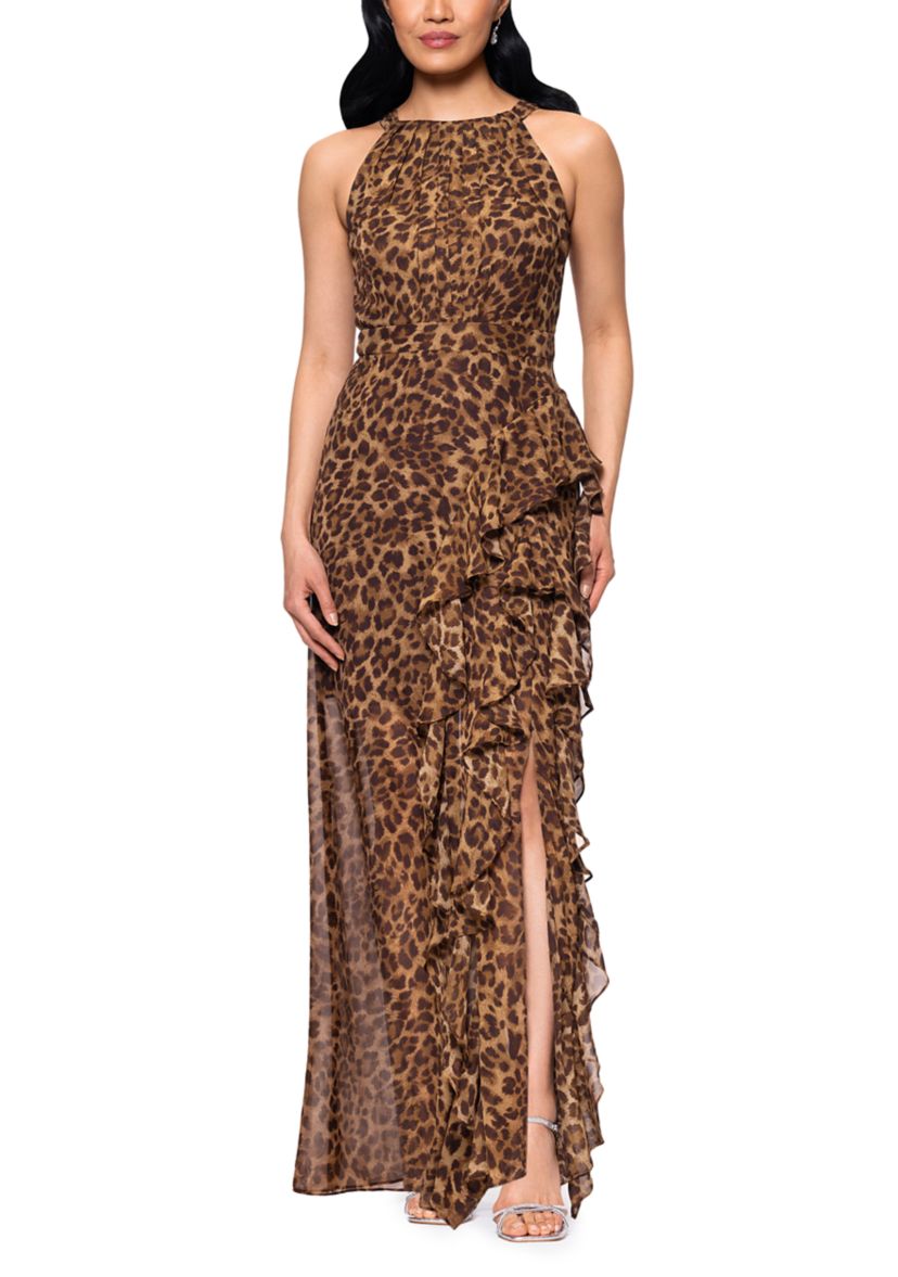 Womens Sleeveless Halter Neck Animal Print Gown