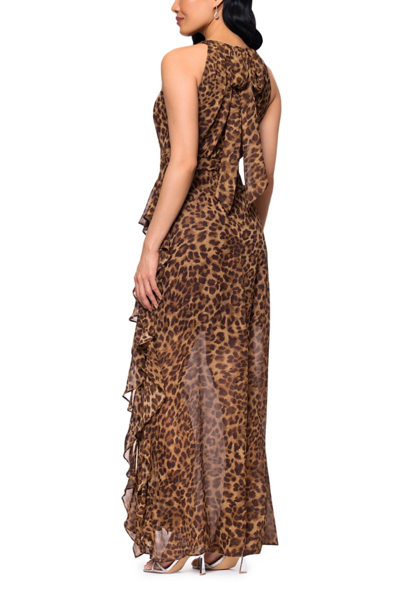 Womens Sleeveless Halter Neck Animal Print Gown