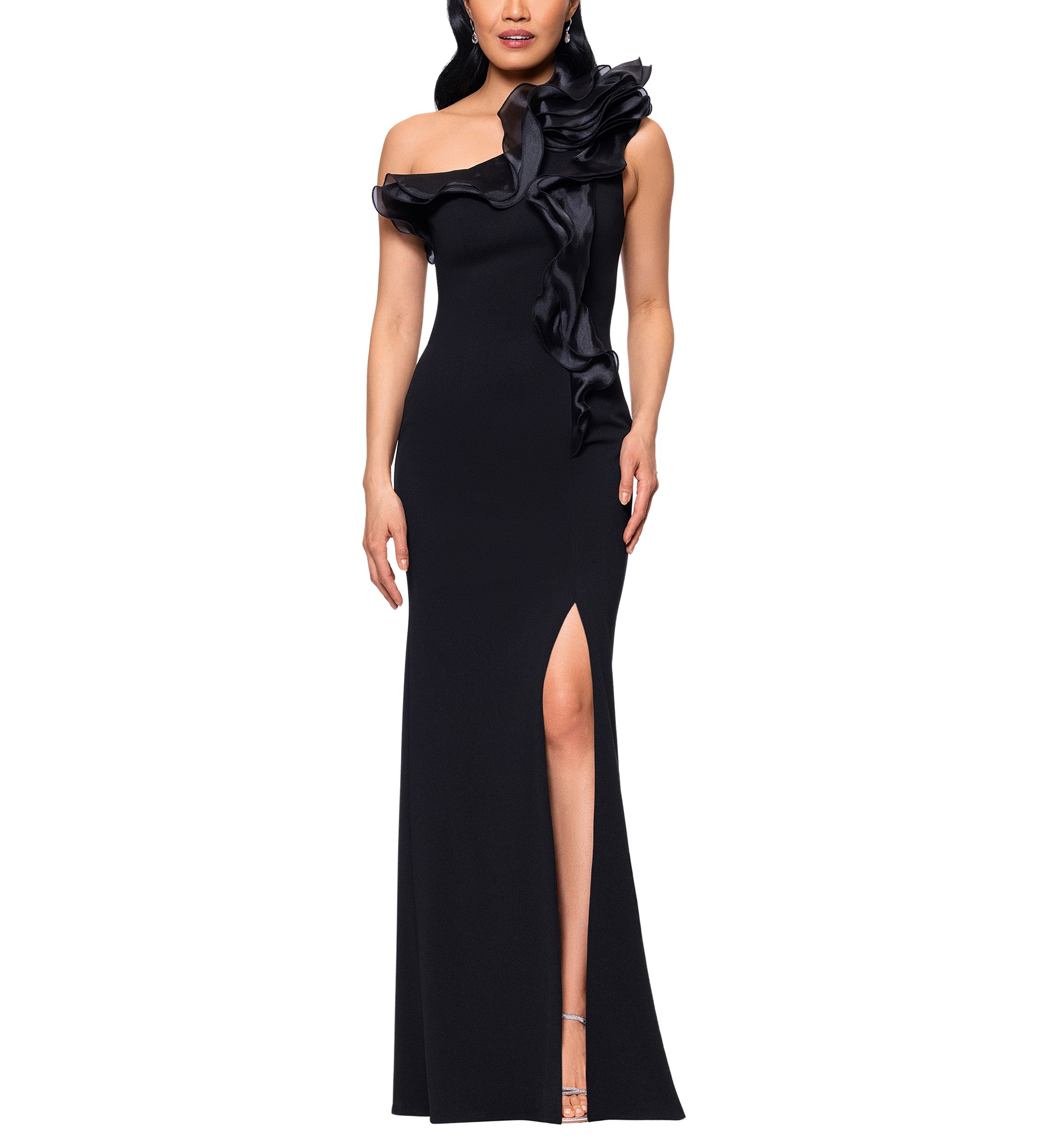 Betsy & Adam Women's One Shoulder Organza Ruffle Trim Gown | Belk