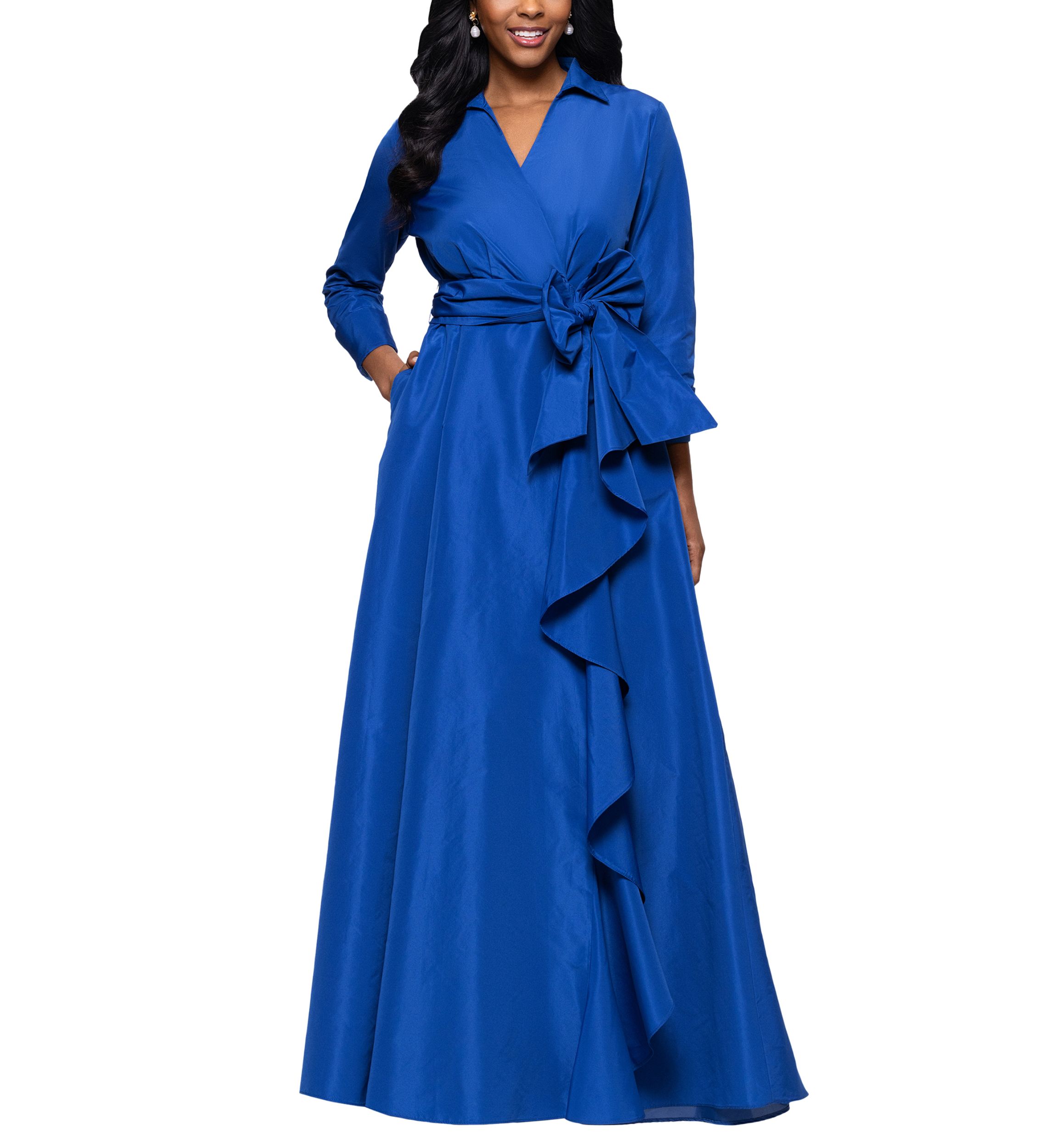 Womens Long Sleeve Collar Neck Solid Tie Waist Gown