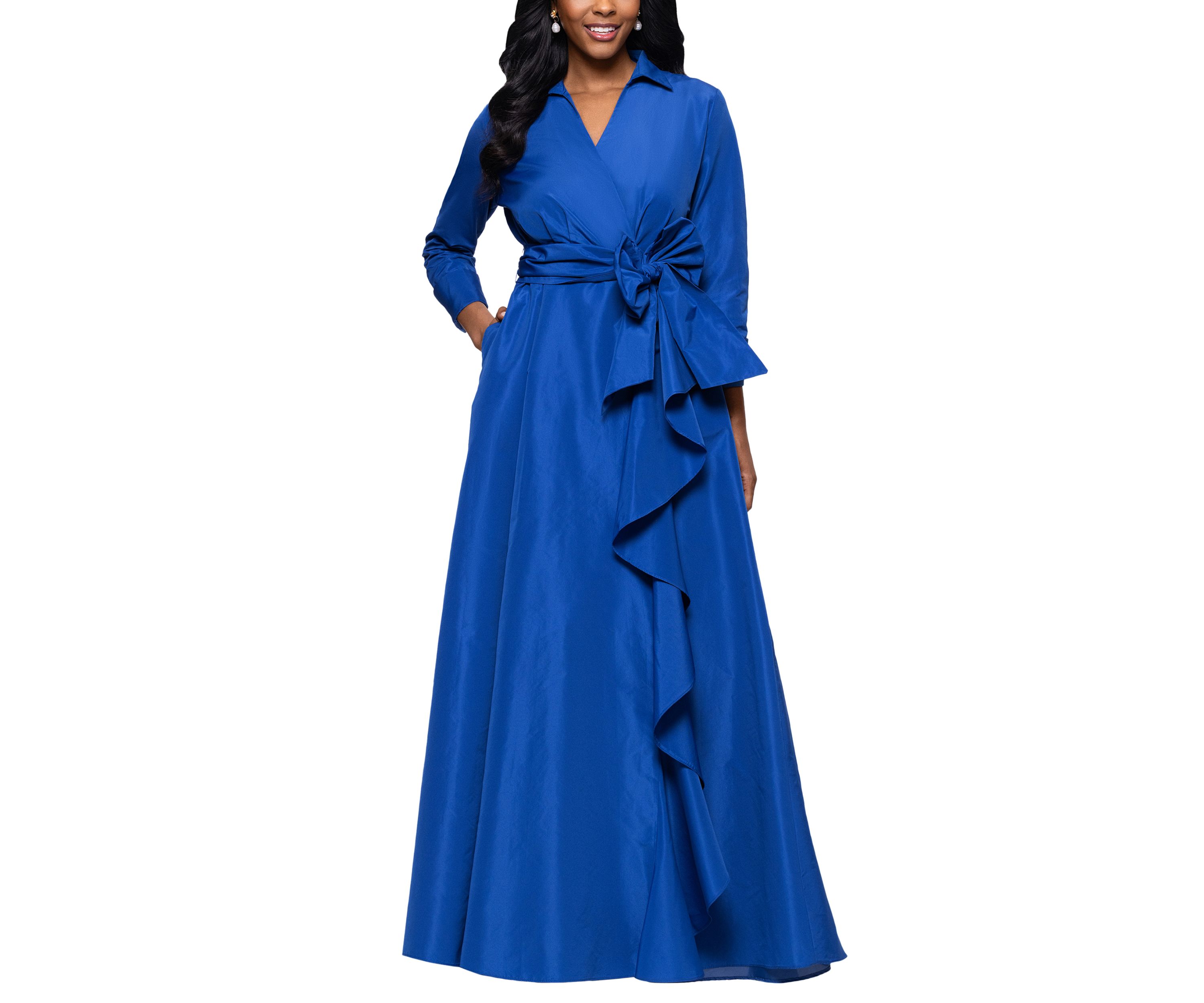 Womens Long Sleeve Collar Neck Solid Tie Waist Gown