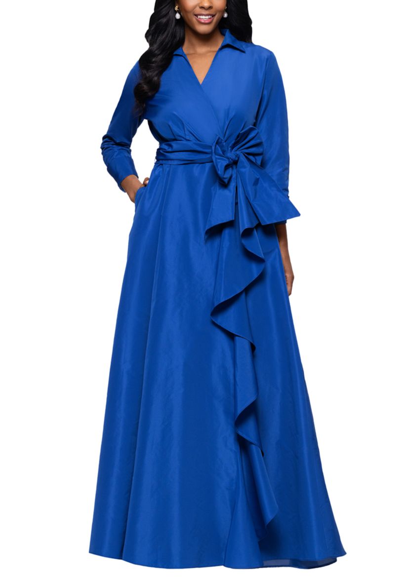 Womens Long Sleeve Collar Neck Solid Tie Waist Gown