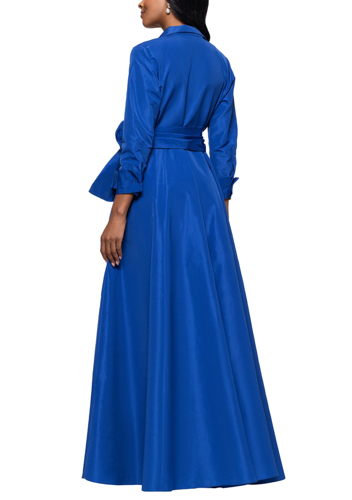 Womens Long Sleeve Collar Neck Solid Tie Waist Gown