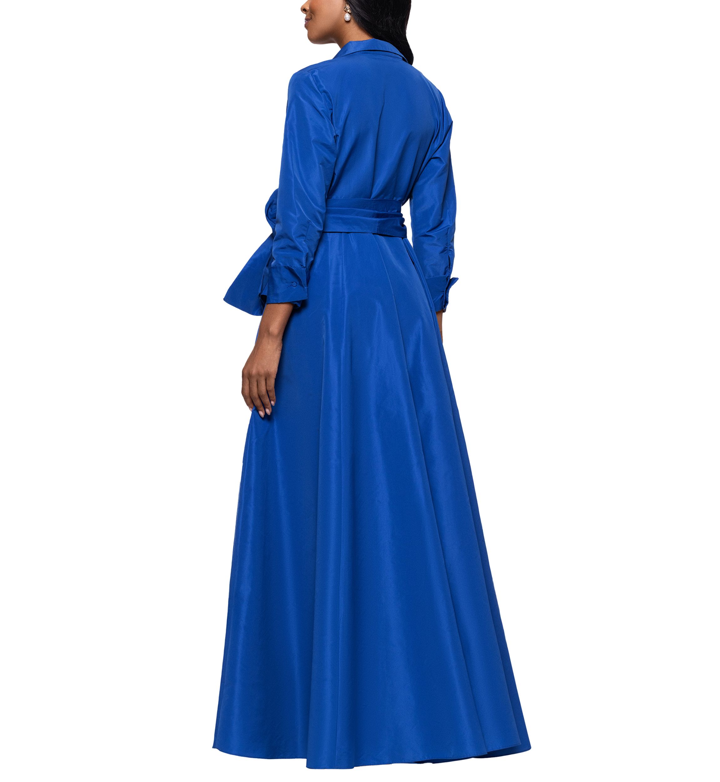 Womens Long Sleeve Collar Neck Solid Tie Waist Gown