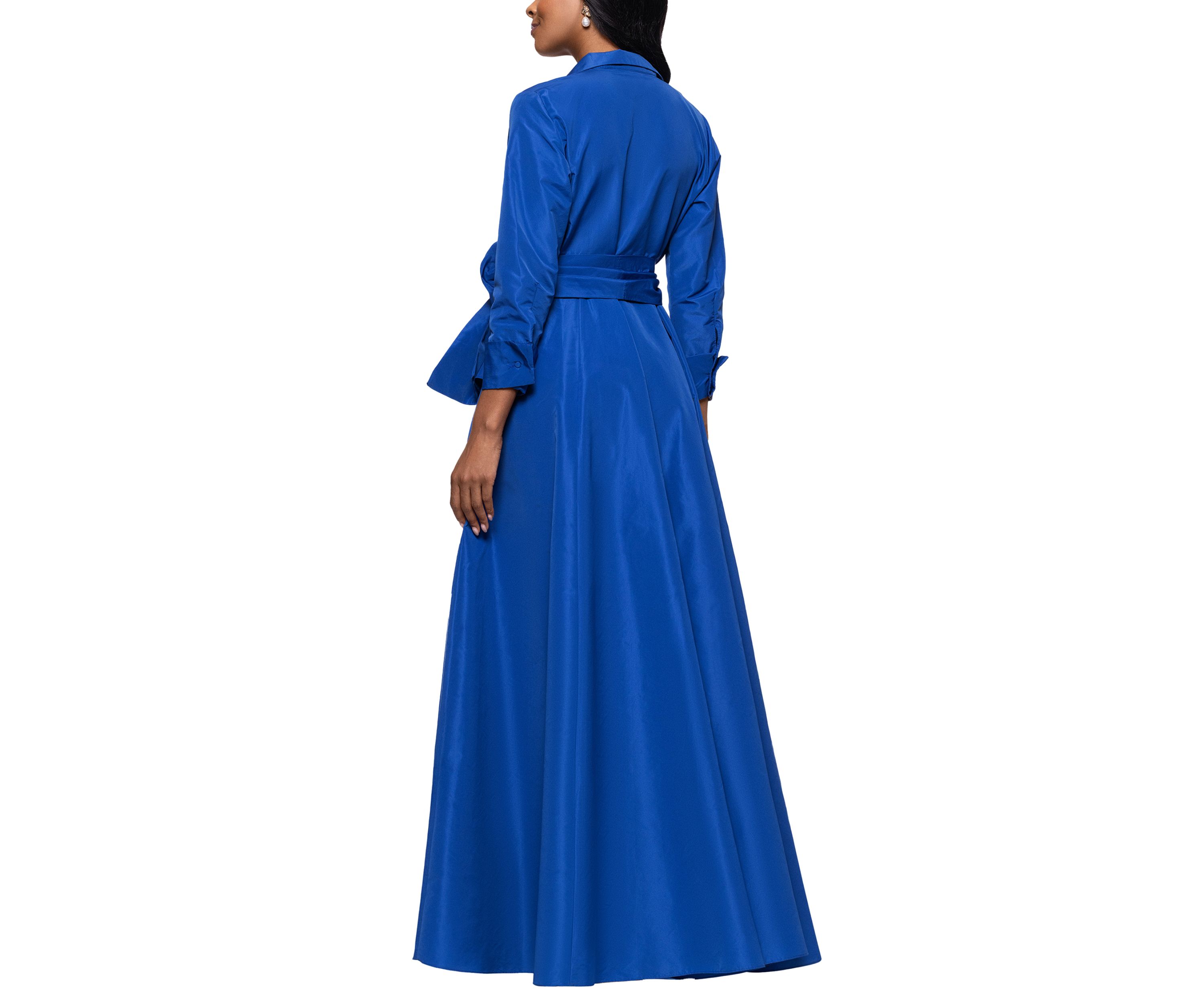 Womens Long Sleeve Collar Neck Solid Tie Waist Gown
