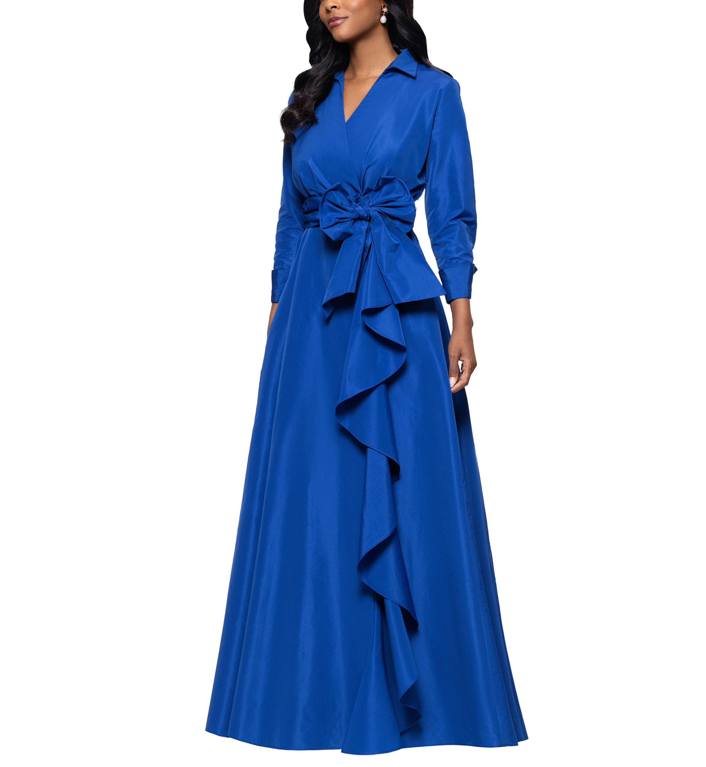 Womens Long Sleeve Collar Neck Solid Tie Waist Gown