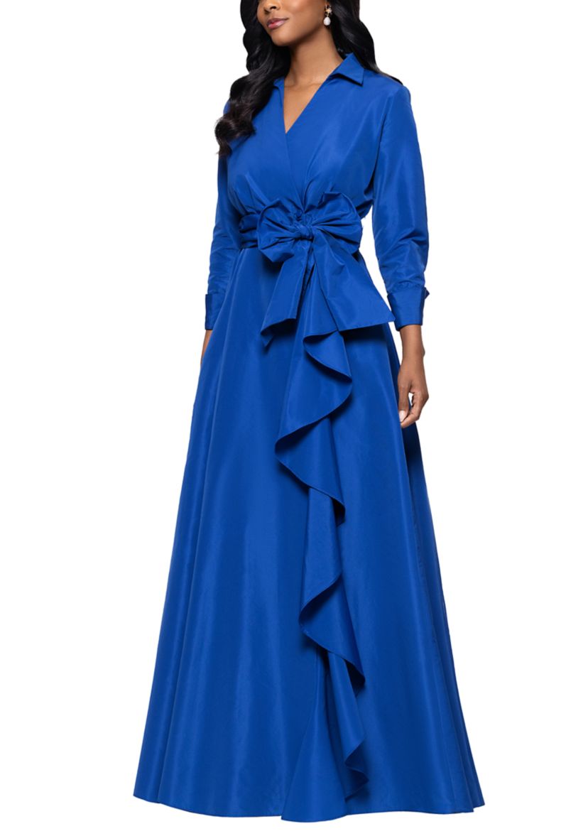 Womens Long Sleeve Collar Neck Solid Tie Waist Gown