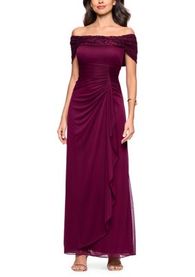 Betsy & Adam Women's Off Shoulder Glitter Lace Ruched Gown, 16