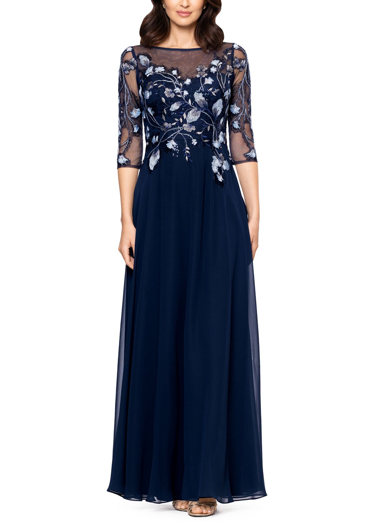 Womens Crew Neck Floral Embellish Gown