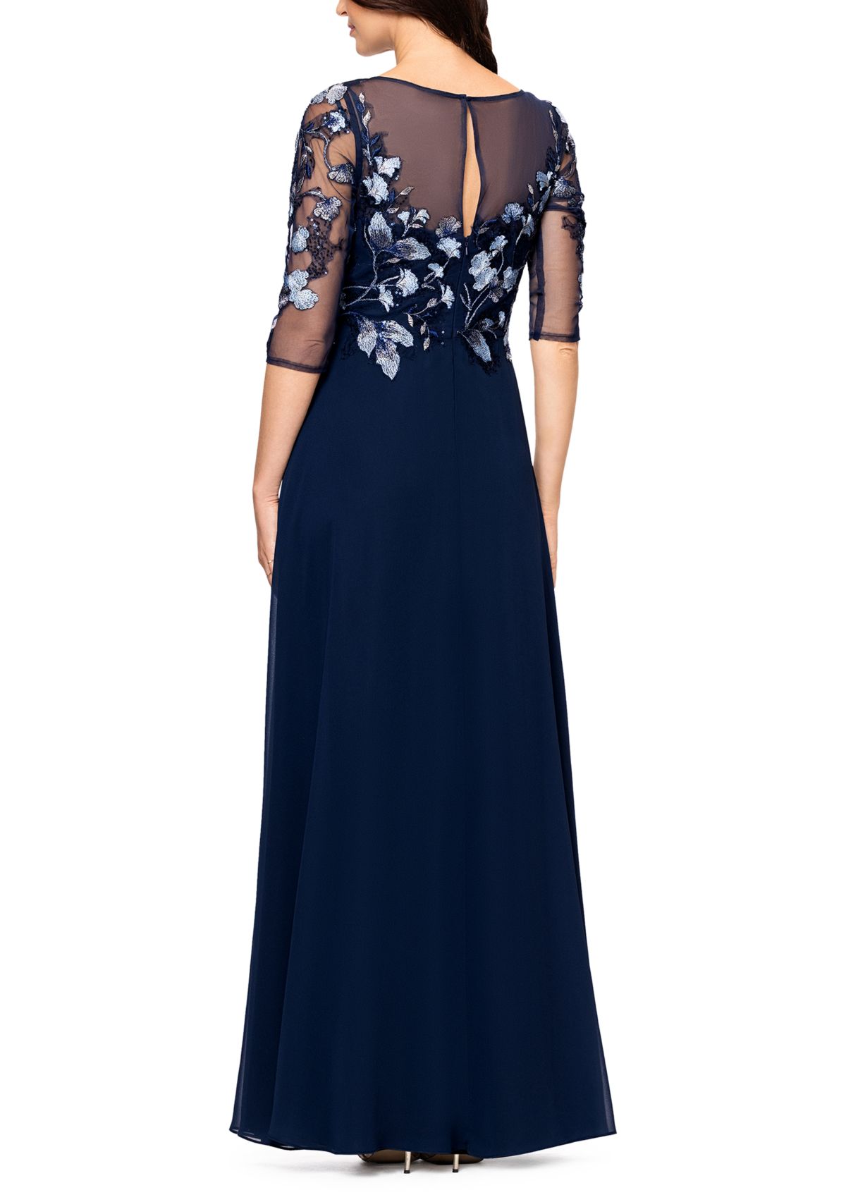 Womens Crew Neck Floral Embellish Gown