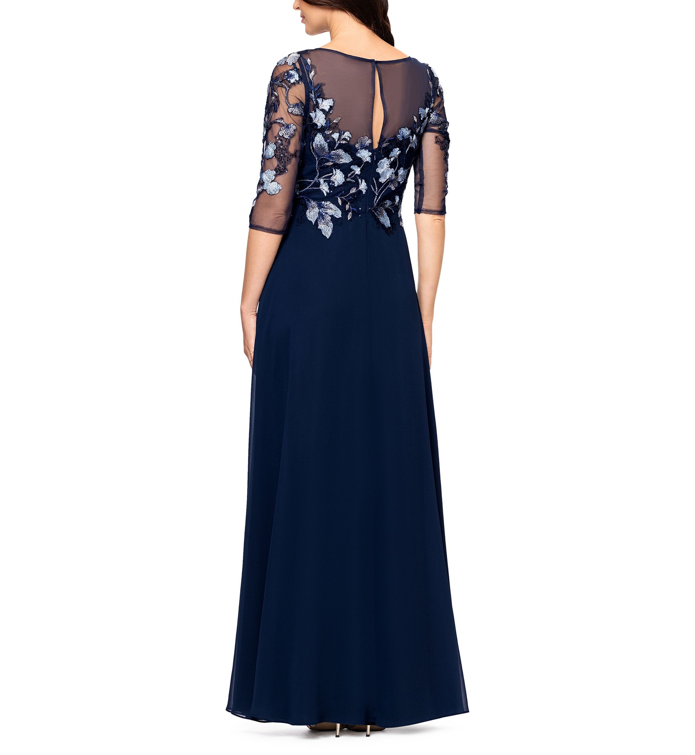 Womens Crew Neck Floral Embellish Gown