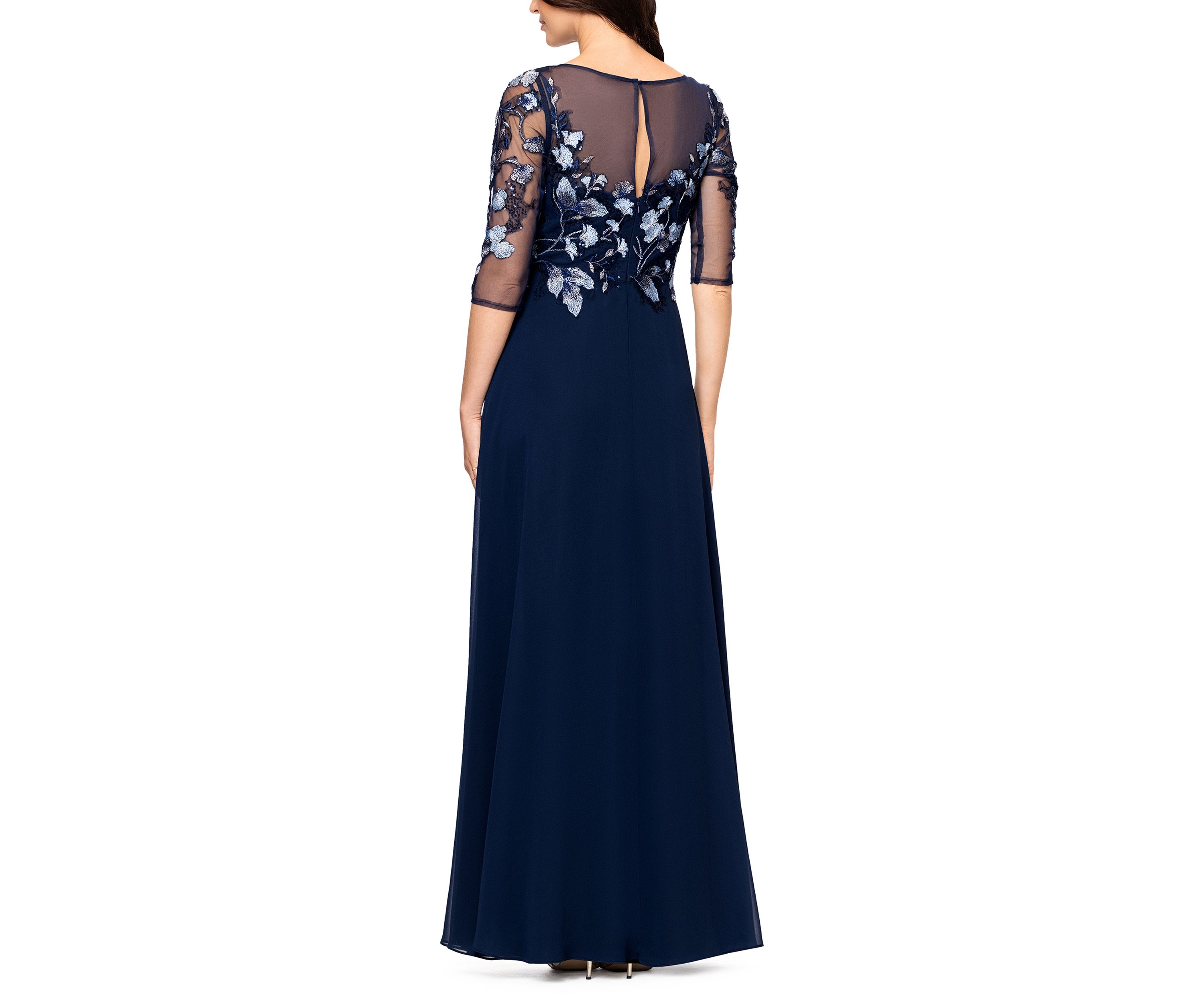 Womens Crew Neck Floral Embellish Gown