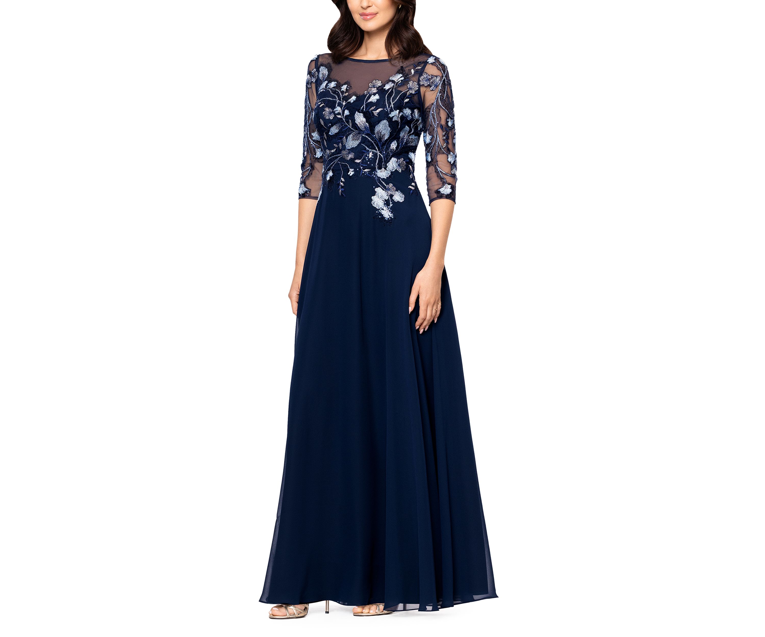Womens Crew Neck Floral Embellish Gown