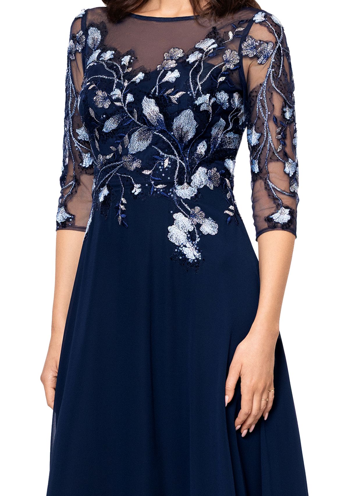 Womens Crew Neck Floral Embellish Gown