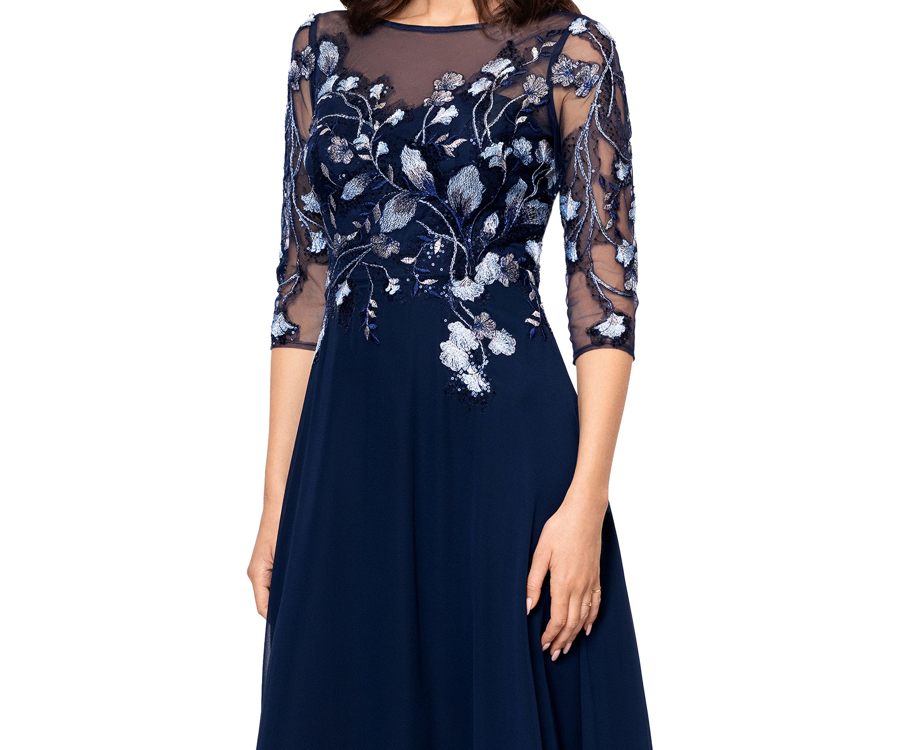 Womens Crew Neck Floral Embellish Gown