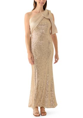Betsy & Adam Women's Sequin One Shoulder Satin Bow Long Dress, Champagne, 12