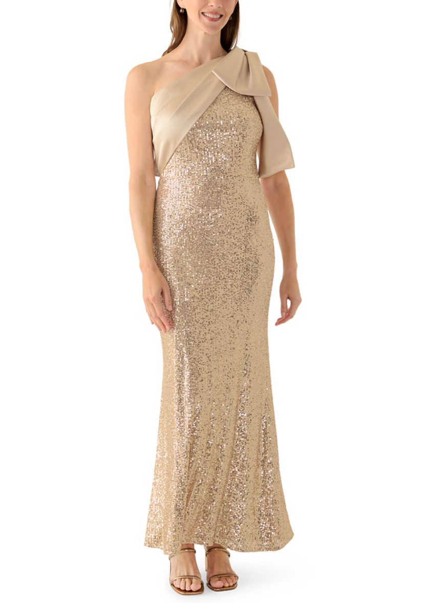 Womens Sequin One Shoulder Satin Bow Long Dress