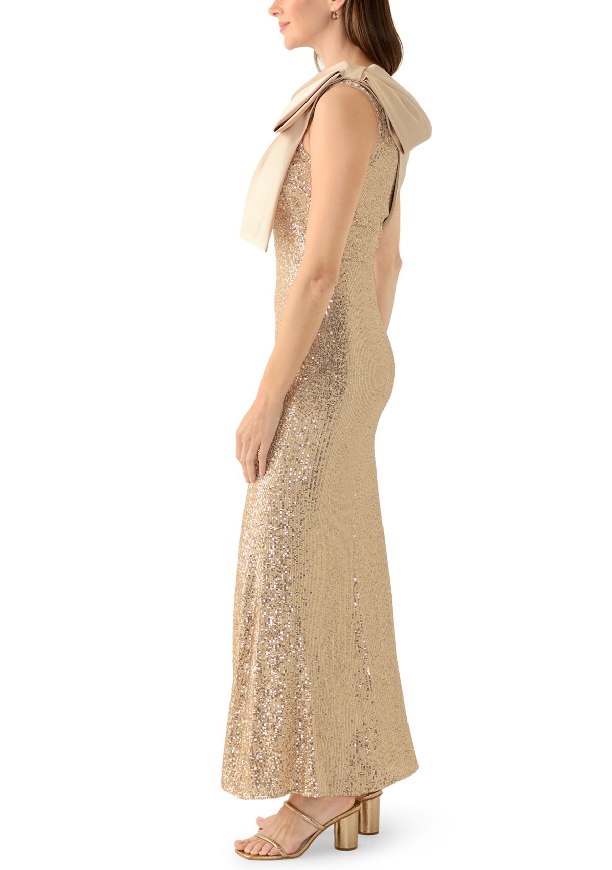 Womens Sequin One Shoulder Satin Bow Long Dress