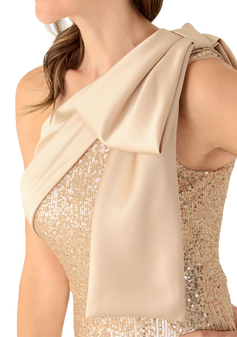 Womens Sequin One Shoulder Satin Bow Long Dress