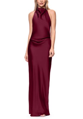 Betsy & Adam Women's Sleeveless Halter Satin Gown with Bow Tie Back, 14