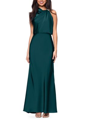 Betsy & Adam Women's Sleeveless Round Neck Hardware Shoulder Drape Satin Slim Gown, 2