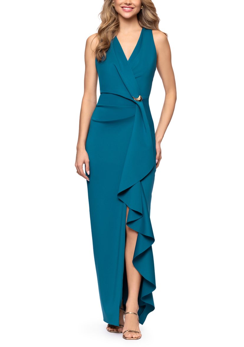 Betsy & Adam Women's Sleeveless Cascading Ruffle Gown | Belk