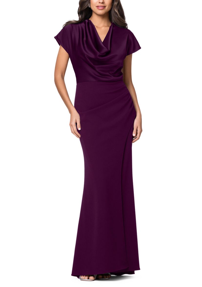 Betsy & Adam Women's Drape Neck Satin Slim Gown