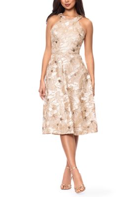 Betsy & Adam Women's Sleeveless Halter Soutache Sequin Dress, Champagne, 12