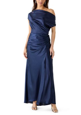 Betsy & Adam Women's One Shoulder Satin Sheath Gown, Navy Blue, 14