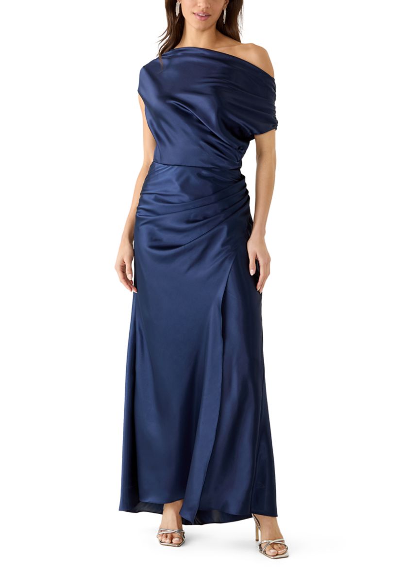 long satin evening dress reviews Amoris T815 Elegantly Fitted Satin Formal Gown with Leg Slit Red / XL main image 0