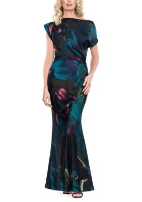 Betsy & Adam Women's Short Sleeve Off Shoulder Drape Abstract Print Hammered Satin Slim Gown, 12