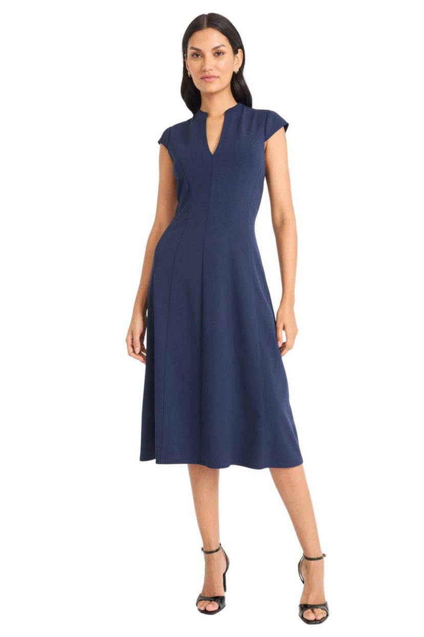 Extended Shoulder V Neck Midi Dress