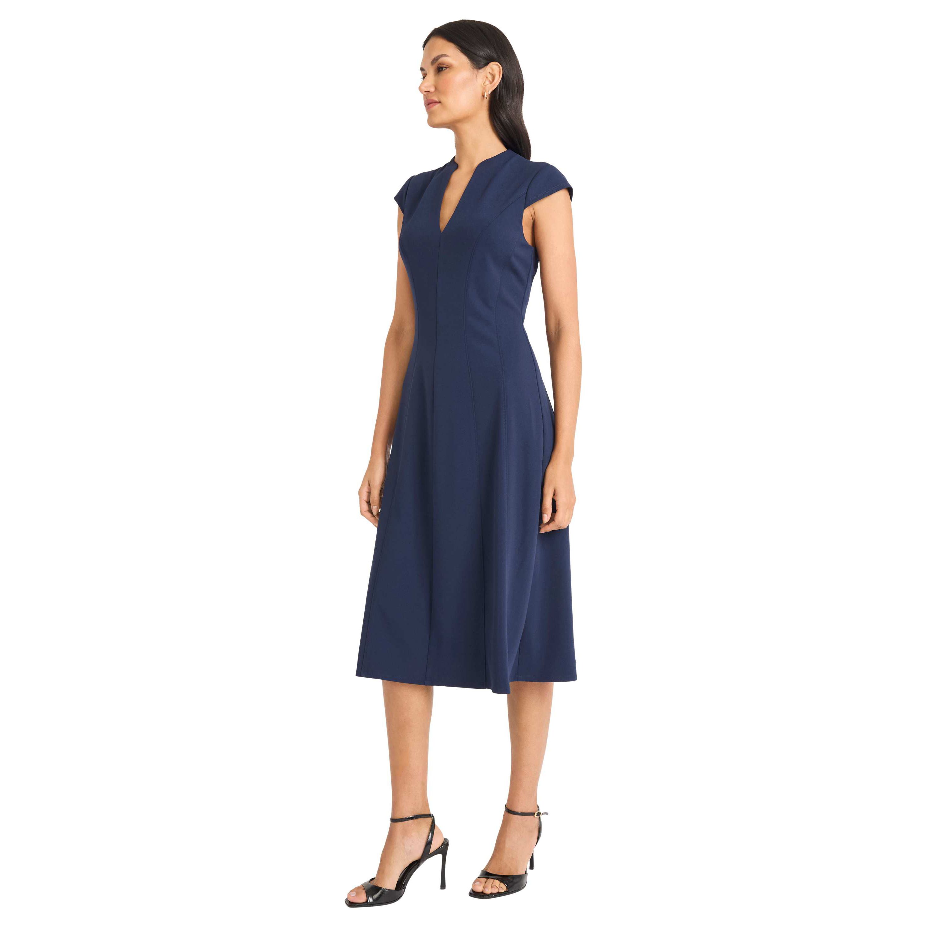 Extended Shoulder V Neck Midi Dress