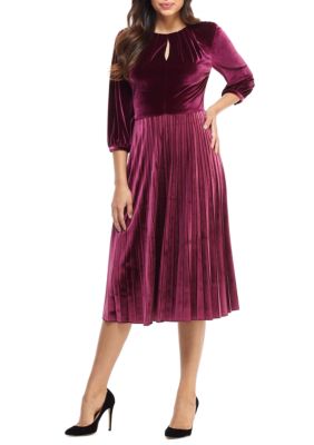 Women's Velvet Maxi Dress Pleated Long Sleeve