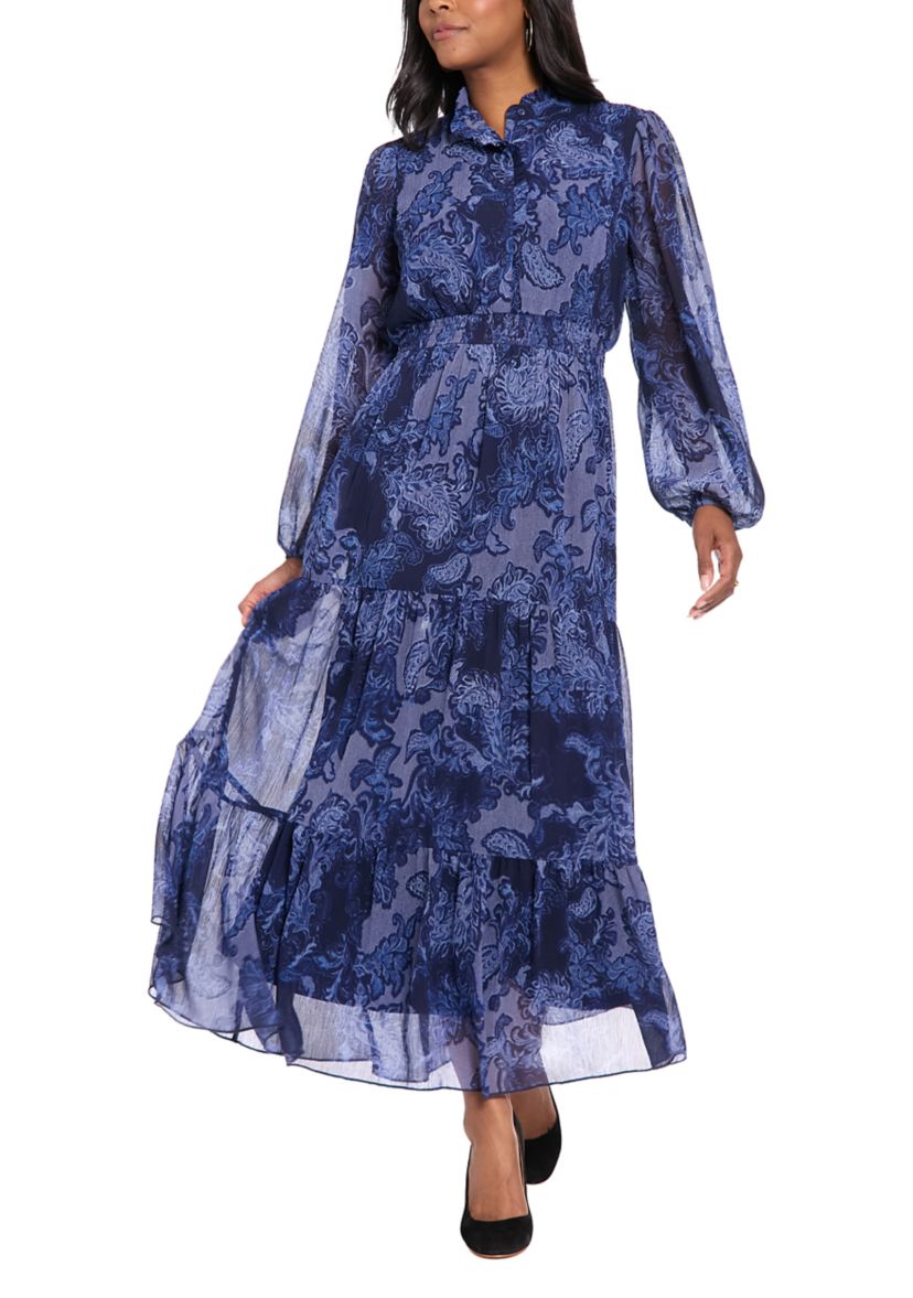 London Times Women's Long Sleeve Mock Neck Printed Chiffon Maxi Dress | Belk