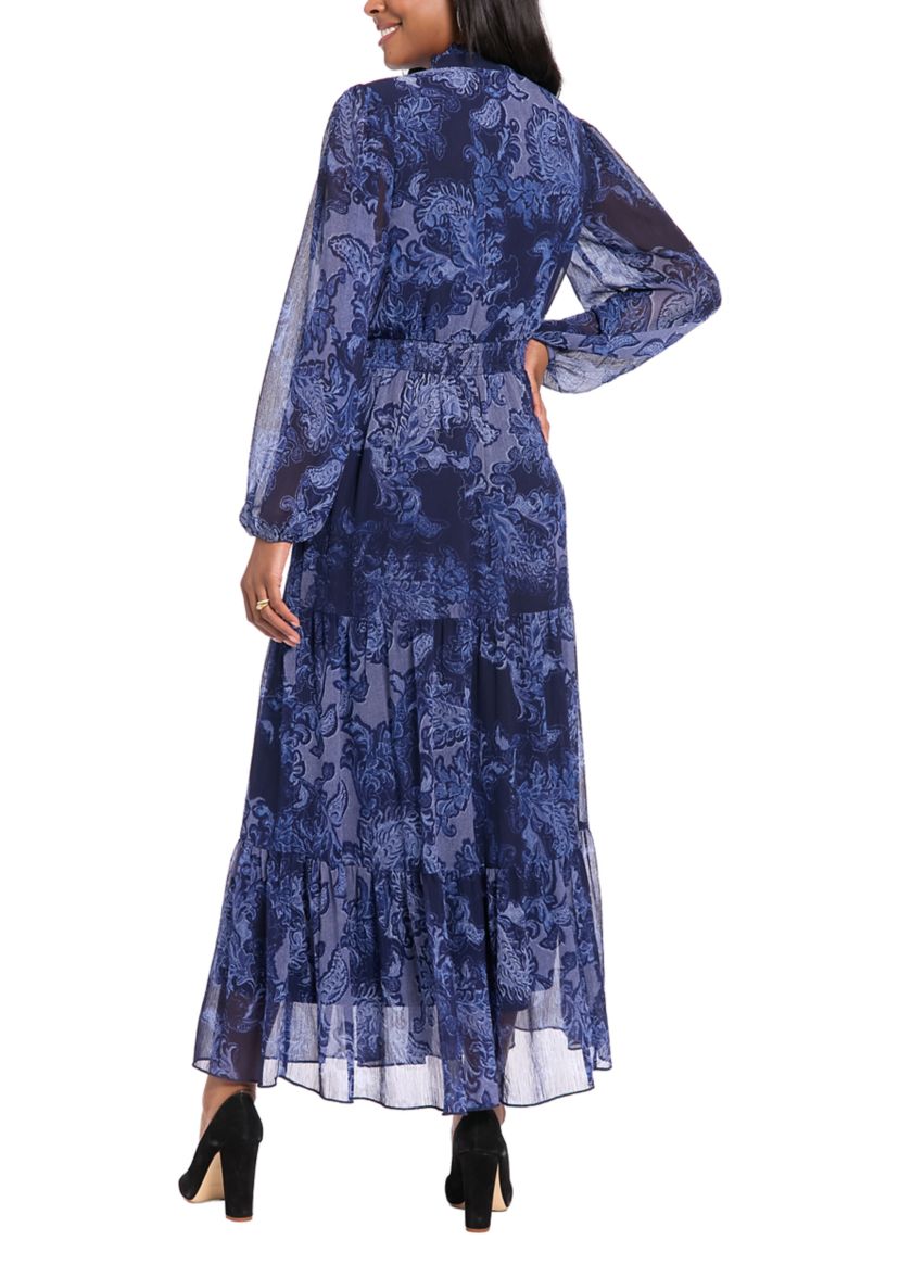 London Times Women's Long Sleeve Mock Neck Printed Chiffon Maxi Dress | Belk