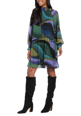 London Times Women's Long Sleeve Printed Chiffon Pleated A-Line Dress, Small