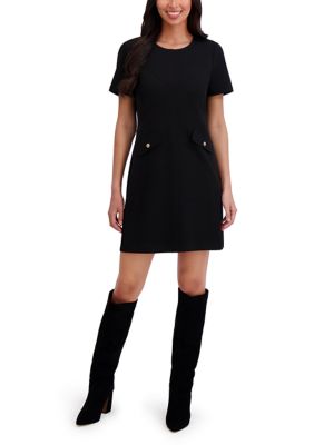 London Times Women's Short Sleeve Mini Dress with Pockets, Black, Large