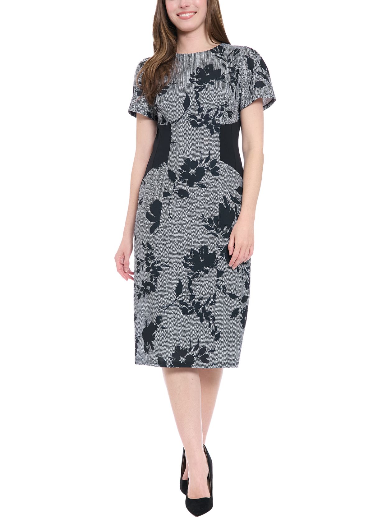Womens Short Sleeve Crew Neck Floral Print Ponte Midi Dress