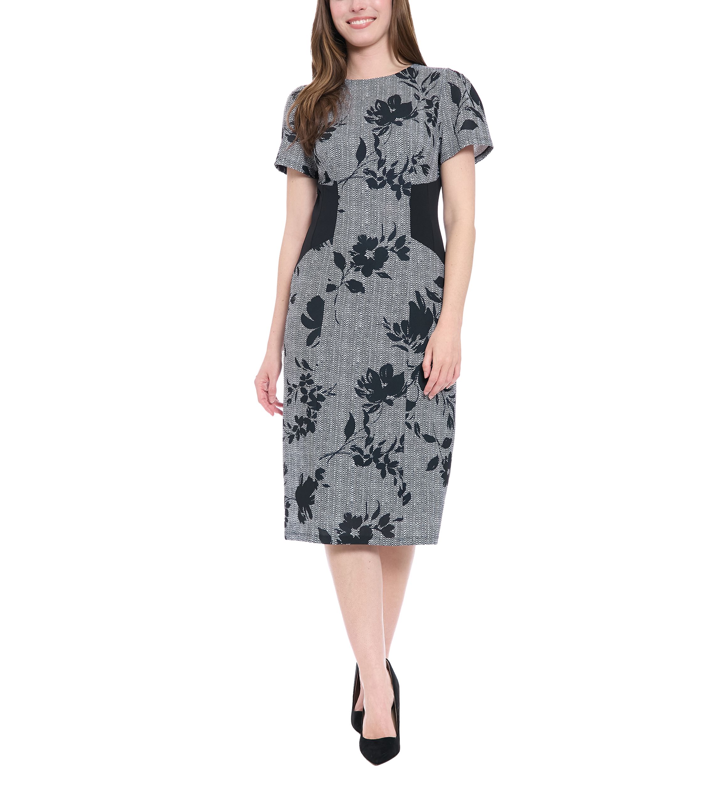Womens Short Sleeve Crew Neck Floral Print Ponte Midi Dress