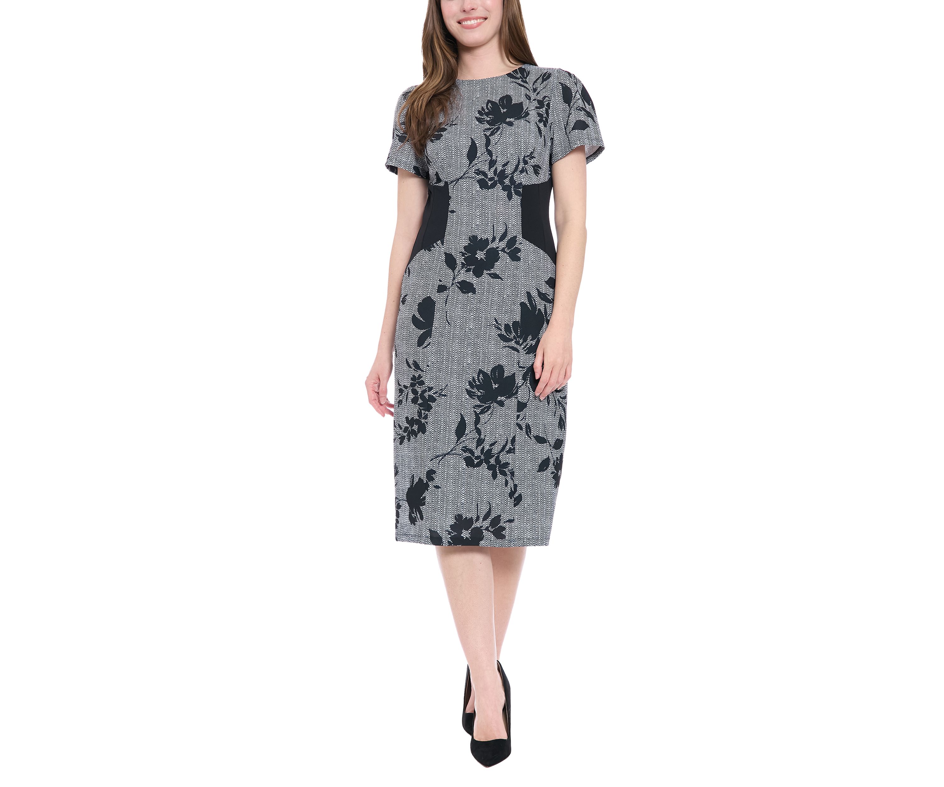 Womens Short Sleeve Crew Neck Floral Print Ponte Midi Dress